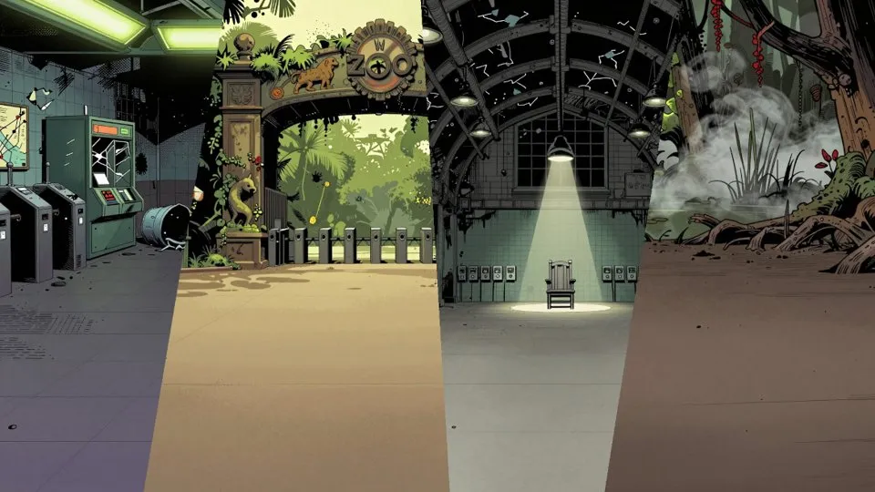 Four Dead Hand biomes side by side: metro, zoo, prison and forest.