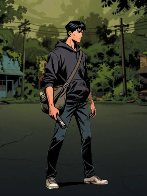 The Hunter, a young man in a dark hoodie with a satchel.