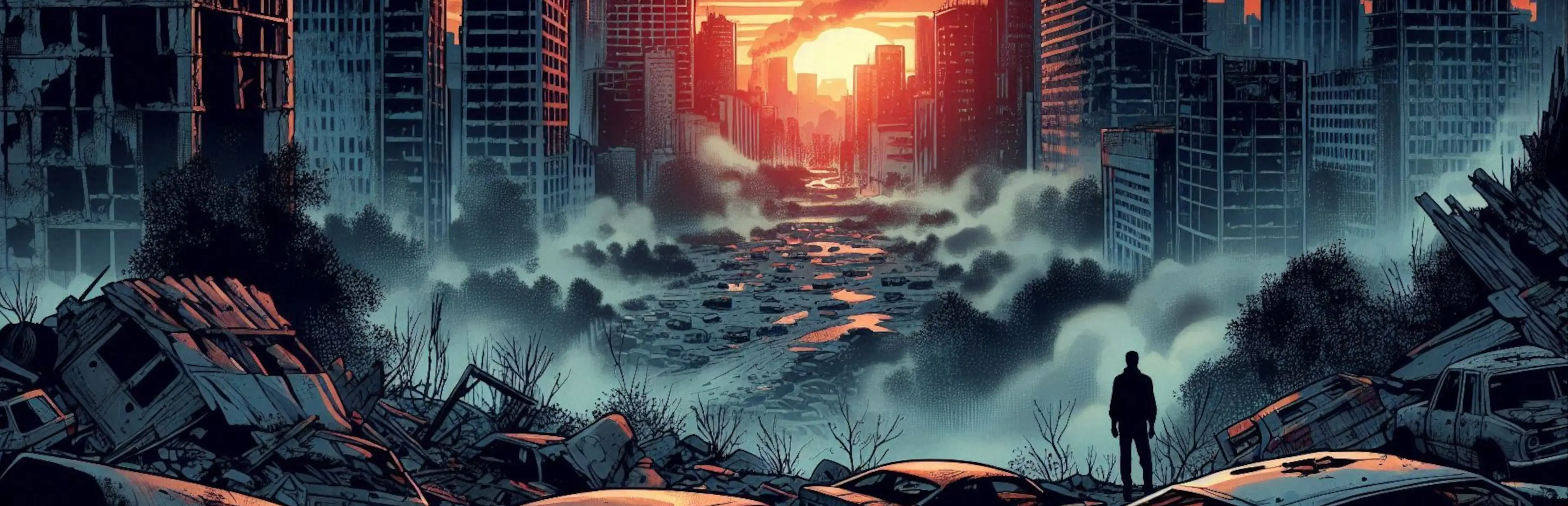 A lone survivor looks out over a ruined city under a burning sky.