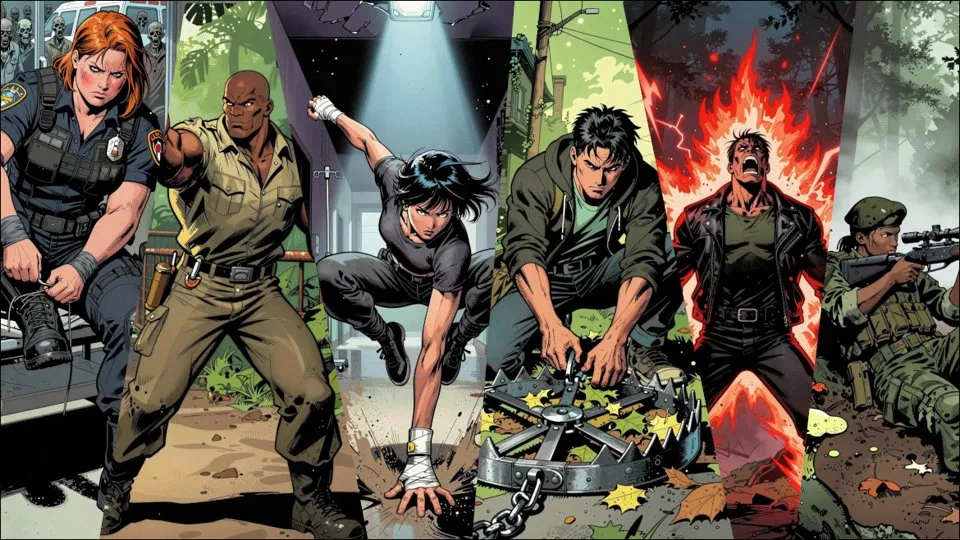 The six survivors of Dead Hand: Cop, ZooKeeper, Fighter, Hunter, Warrior and Sniper.