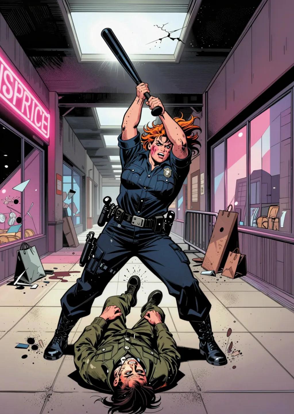 Card art: the Cop brings her baton down on a raider in a looted mall.