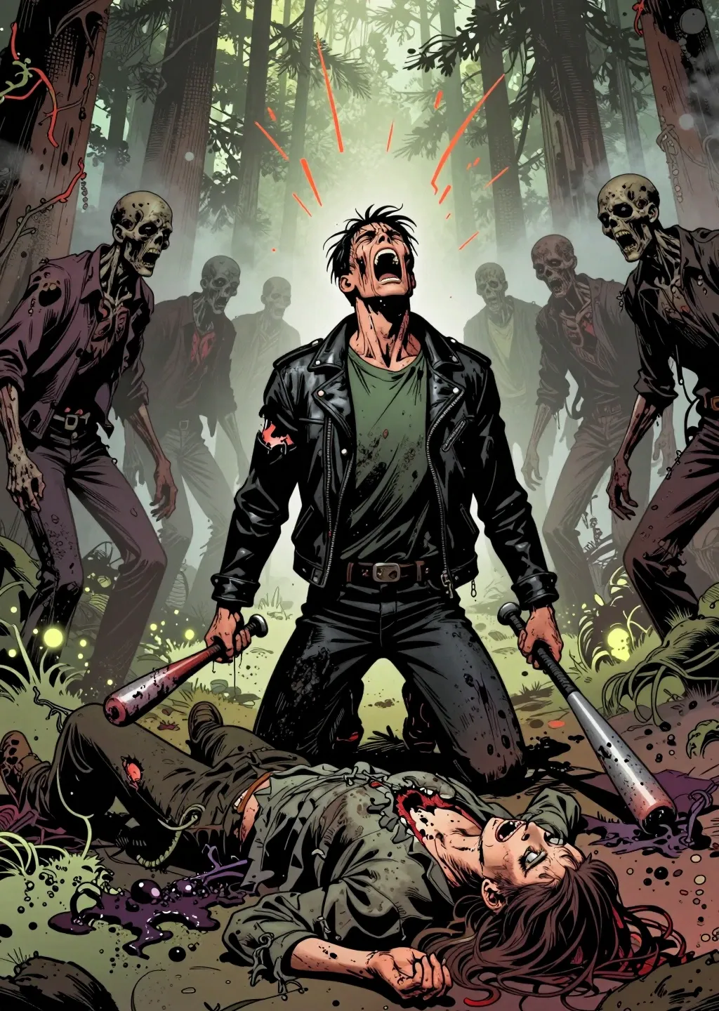 Card art: the Warrior screams, kneeling among the dead in the forest.