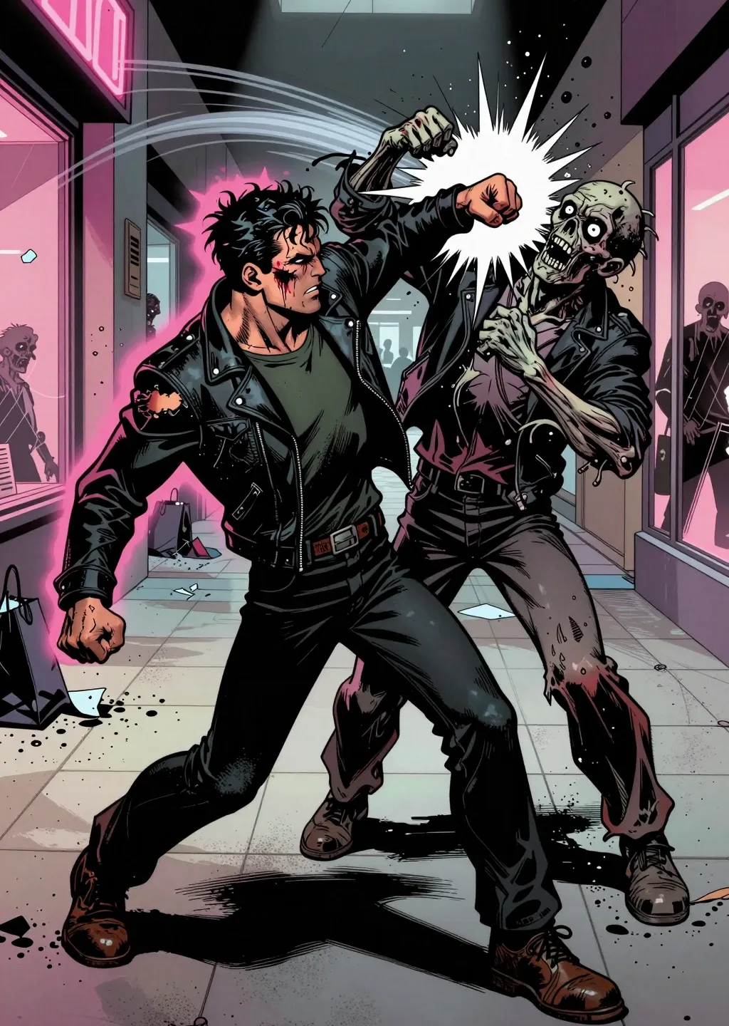Card art: the Warrior punches a zombie in a shopping gallery.