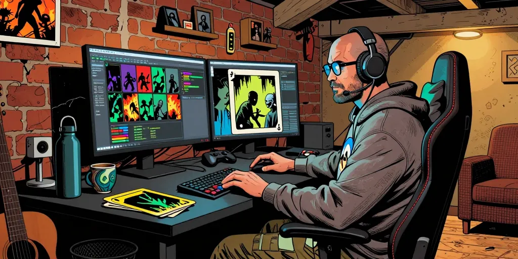 Comic-style illustration of Rudy Priesterbosch at his desk, headset on, working on Dead Hand: card art on two monitors, printed cards and a coffee mug beside the keyboard.