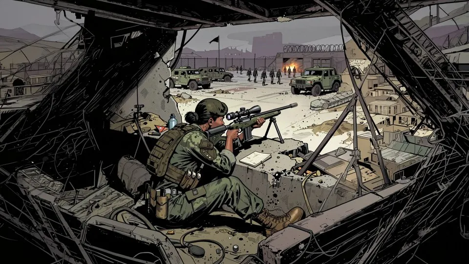 The Sniper takes aim from a ruined building overlooking a military base.