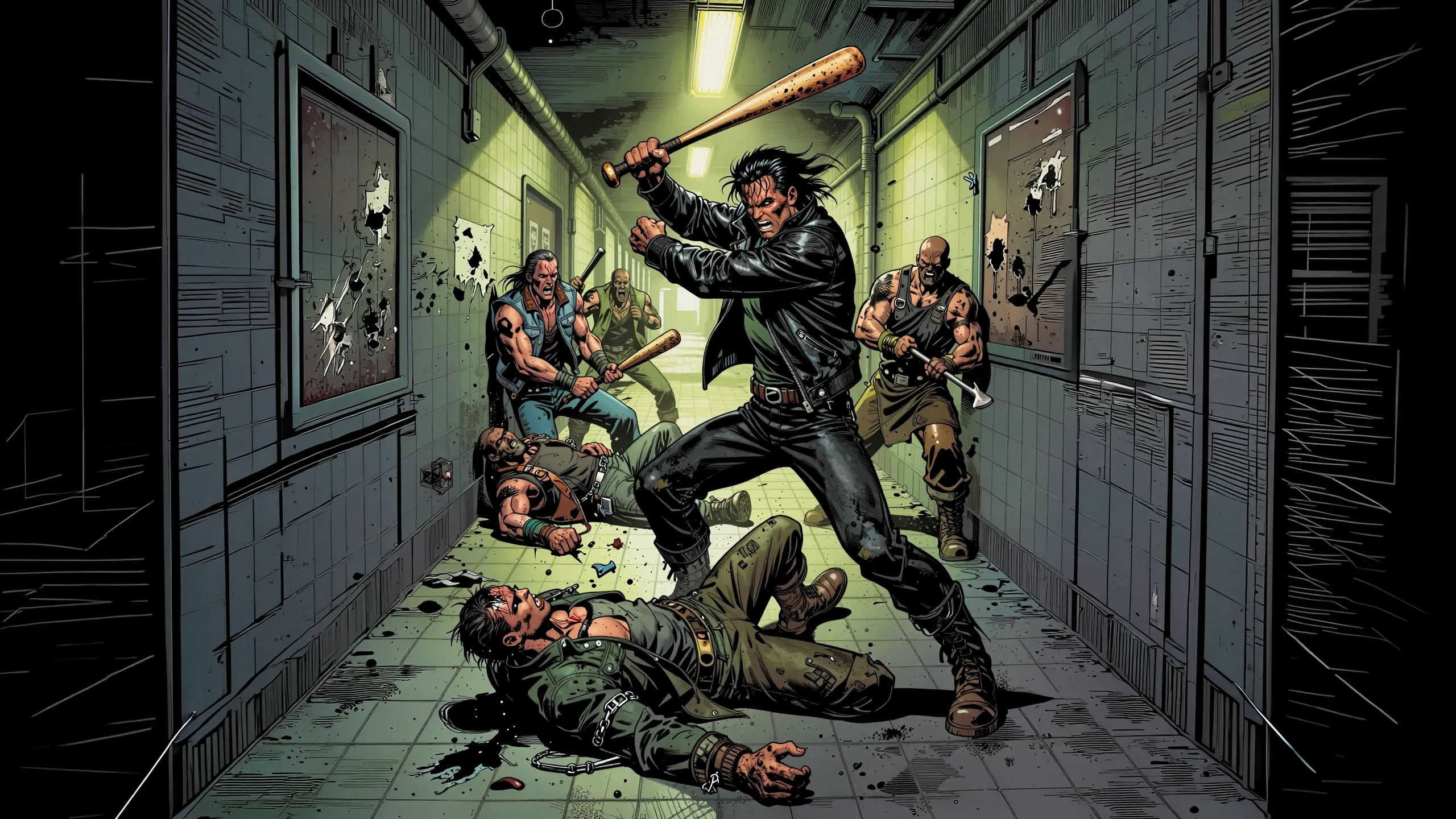 The Warrior swings his bat at the dead in a prison corridor.