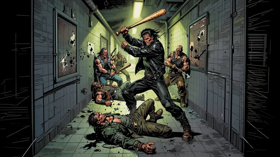 The Warrior swings his bat at the dead in a prison corridor.