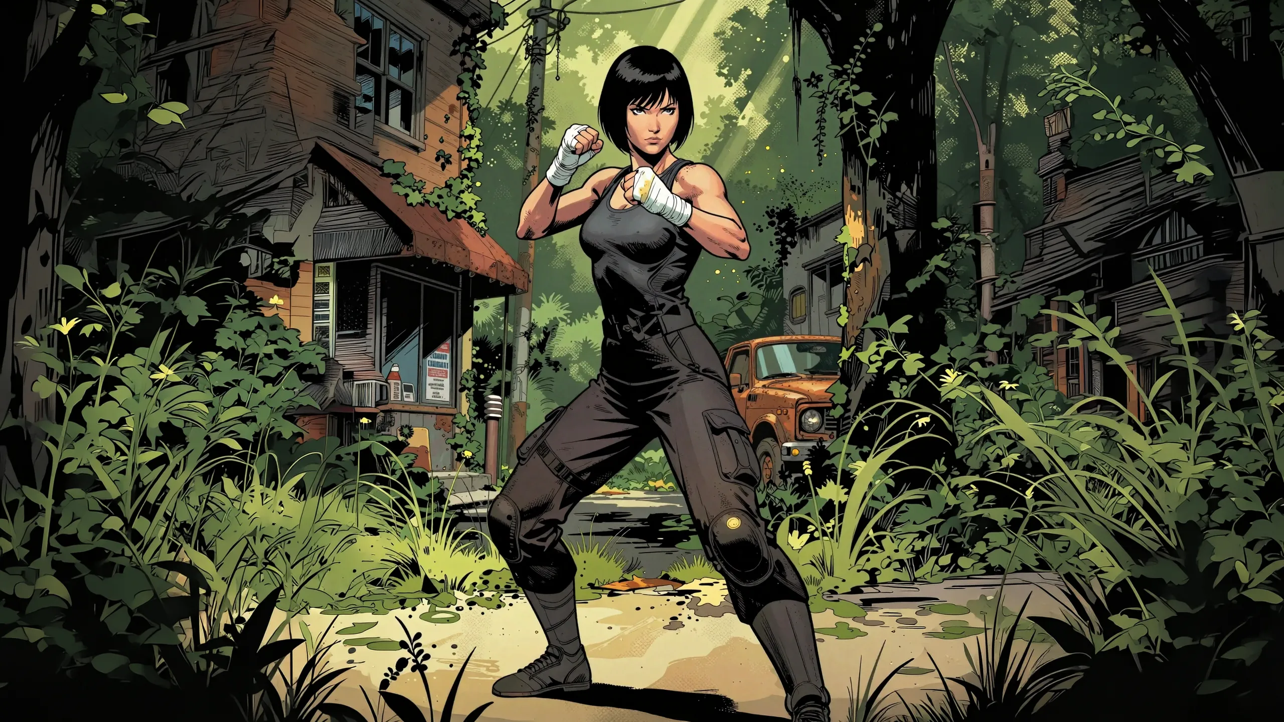 The Fighter on guard in an overgrown town.