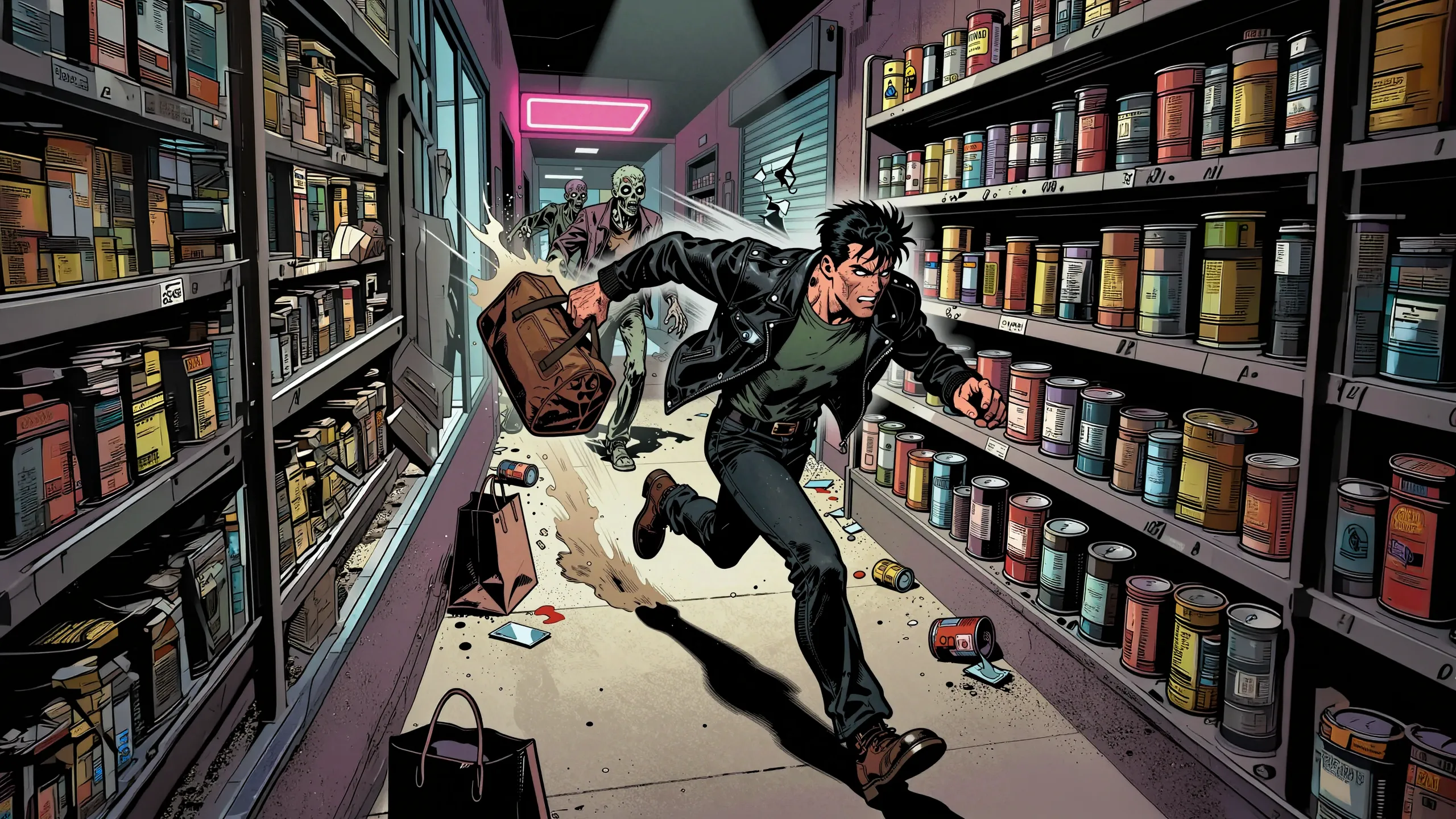 The Warrior sprints down a looted supermarket aisle, bag in hand.