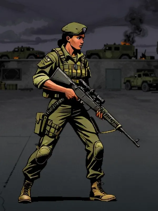The Sniper, a soldier in fatigues and beret holding a scoped rifle.
