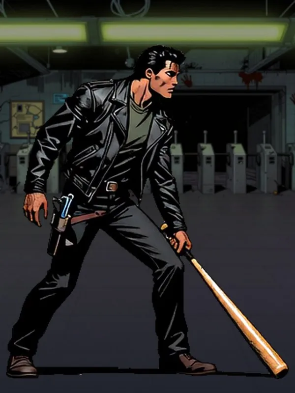 The Warrior, a man in a leather jacket gripping a baseball bat.