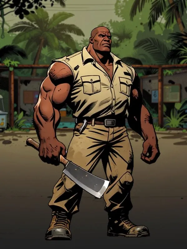 The ZooKeeper, a powerfully built man in khaki holding a cleaver.